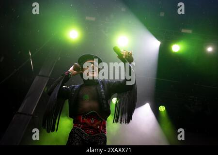 Palencia, Spain. 08th June, 2024. Spanish singer Rodrigo Cuevas performs during a concert at the Palencia Sonora Music Festival on June 8, 2024. (Photo by COOLMedia/NurPhoto) Credit: NurPhoto SRL/Alamy Live News Stock Photo