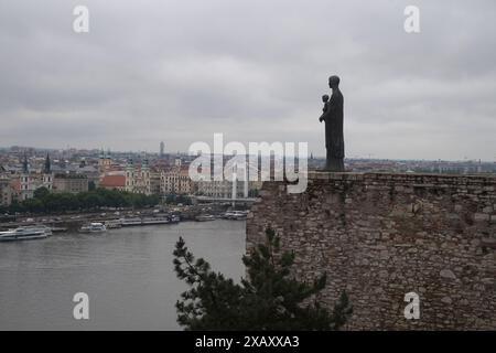 Virgin Mary Statue looking out from Buda Castle Hill over the River Danube, Budapest, Hungary. Stock Photo