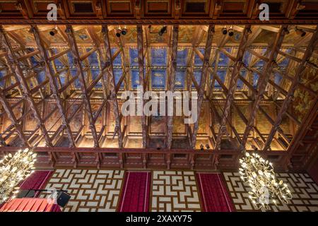 View of the wooden ceiling construction of the council chamber in Stadshuset Stockholm. The City Hall, completed in 1923, is the seat of the city government and the city parliament. The chamber has 101 members. Since the 1970s, the proportion of women has been 50 percent. Stockholm City Hall (Stockholms stadshus). Waterside government offices completed in 1923 & made from red brick with a lantern-topped tower. Stadshusträdgården, Stockholm, Sweden Stock Photo