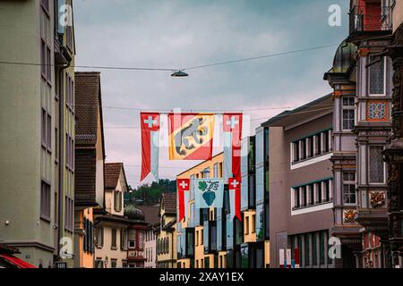 Rorschach am Bodensee, Schweiz, Flaggen, Stadtbild, historisch, Kanton Bern, Schweizer Flagge, Straßenansicht, Sommer, Tourismus, Symbolfoto, malerisch, kulturell, traditionell, Urschweiz, Kanton Bern Wappen, Schweizerische Eidgenossenschaft. *** Rorschach on Lake Constance, Switzerland, flags, townscape, historical, Canton of Bern, Swiss flag, street view, summer, tourism, symbol photo, picturesque, cultural, traditional, original Switzerland, Canton of Bern coat of arms, Swiss Confederation Copyright: xJoeranxSteinsiekx Stock Photo