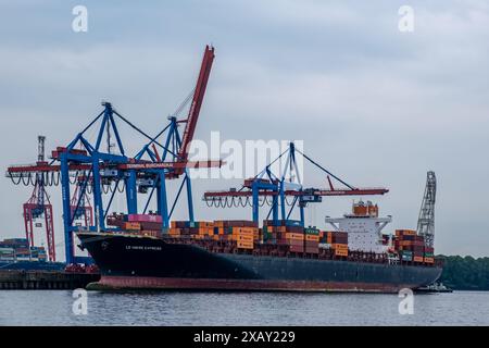 Hamburg, Germany - 05 25 2024: View of the container ship Le Havre Express in the port of Hamburg at the container terminal Burchardkai. Stock Photo