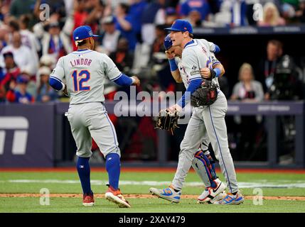New York Mets' catcher Luis Torrens (rear, right) is congratulated by his team mates after making a double play to finish the match during game two of the MLB London Series at the London Stadium, London. Picture date: Sunday June 9, 2024. Stock Photo