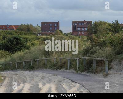 A wooden path through the dunes leads to a few houses in the background, surrounded by trees and bushes under a cloudy sky, juist, east frisia Stock Photo