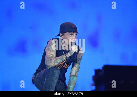 Naples,Italy - June 08,2024: Ultimo performs live at Stadio Diego Armando Maradona in Naples, Italy for his tour 'Stadi 2024' Stock Photo