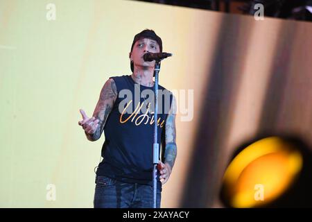 Naples,Italy - June 08,2024: Ultimo performs live at Stadio Diego Armando Maradona in Naples, Italy for his tour 'Stadi 2024' Stock Photo