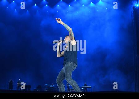 Naples,Italy - June 08,2024: Ultimo performs live at Stadio Diego Armando Maradona in Naples, Italy for his tour 'Stadi 2024' Stock Photo