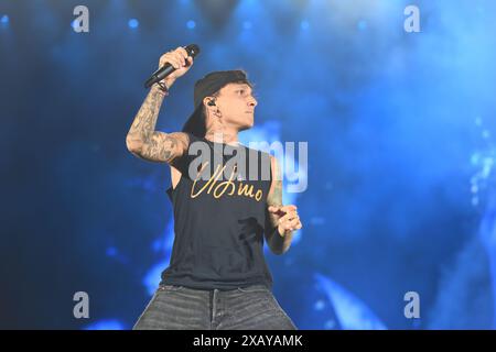 Naples,Italy - June 08,2024: Ultimo performs live at Stadio Diego Armando Maradona in Naples, Italy for his tour 'Stadi 2024' Stock Photo