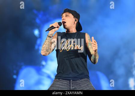 Naples,Italy - June 08,2024: Ultimo performs live at Stadio Diego Armando Maradona in Naples, Italy for his tour 'Stadi 2024' Stock Photo