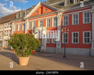 Baroque town hall building in the evening sun, with street lamps and a flower bed in the foreground, speyer, Germany Stock Photo