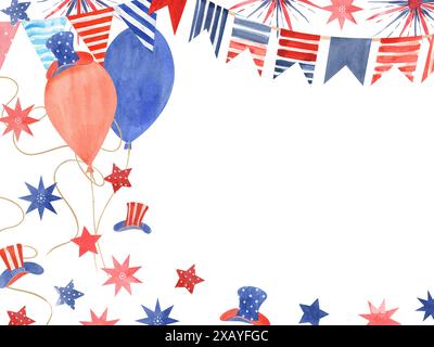 Balloons with Uncle Sam hats, stars and garland of flags in red blue colors. Celebration horizontal frame with national symbols. Watercolor Stock Photo