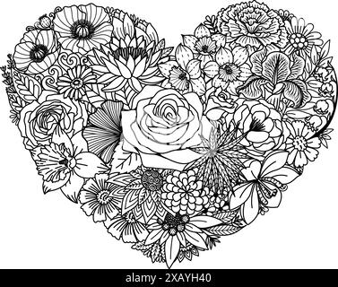 Floral Various flowers in heart shape, for paper cut, laser cut, card making, coloring page and so on. Vector illustration. Stock Vector