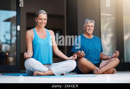 Yoga, portrait and mat for couple in meditation, zen and peace for wellness, spiritual and healthy with mindset. Floor, yogi and pilates to relax Stock Photo