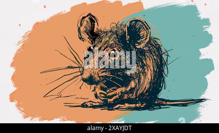 A child's drawing of a mouse, carelessly drawn with a black pencil on a yellow and blue background with white paper. Stock Photo