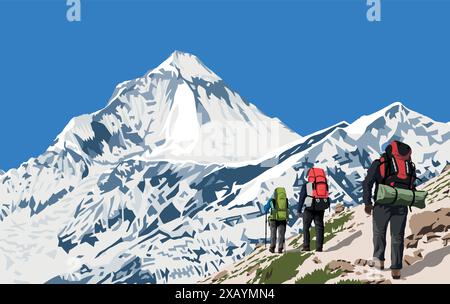 Mount Dhaulagiri peak as seen near Thorung La pass and three hikers, Mount Annapurna circuit trekking trail, vector illustration, Nepal Himalayas moun Stock Vector