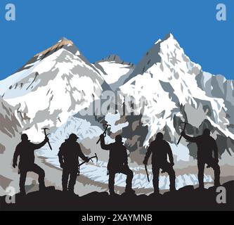 mount Everest Lhotse and Nuptse from Nepal side as seen from Pumori base camp and silhouette of five climbers with ice axe in hand, vector illustratio Stock Vector