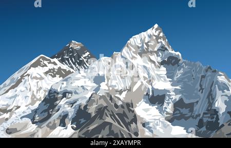 mount Everest mountain top and Nuptse from Nepal side as seen from Kala Patthar peak, vector illustration, Mt Everest 8,848 m summit, Khumbu valley, S Stock Vector
