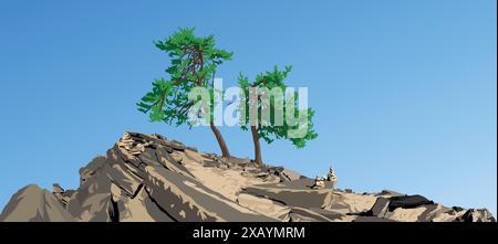 Trees, two pine trees on hill isolated on blue sky background Stock Vector