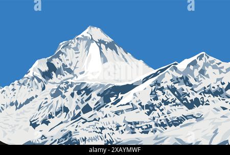 Mount Dhaulagiri peak as seen near Thorung La pass, Mount Annapurna circuit trekking trail, vector illustration, Nepal Himalayas mountains Stock Vector