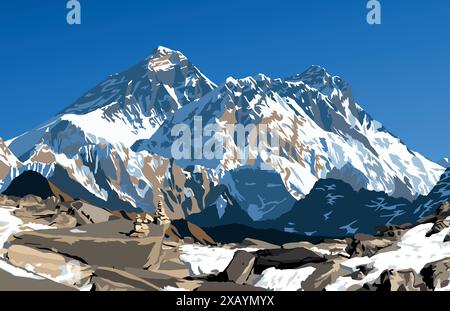 Mount Everest and Lhotse from Gokyo peak, vector illustration, Khumbu valley, Everest area, Nepal himalayas mountains Stock Vector