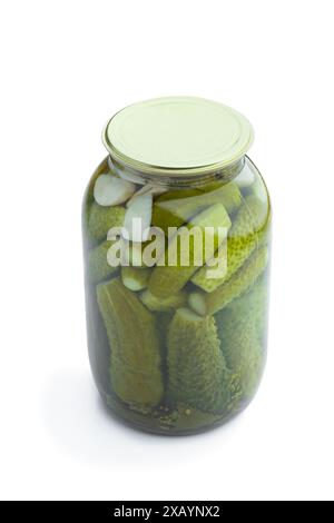 Pickled  cucumbers in glass jar isolated on white background Stock Photo