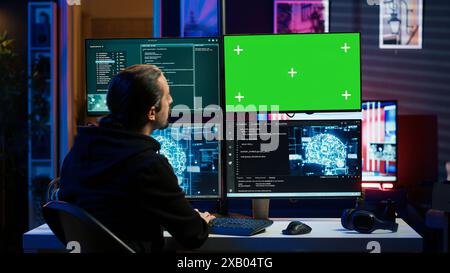 Computer Monitor Evil Base Hacker using AI and green screen computer monitors to produce malicious ...