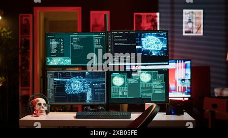 Hacker in hideout interrupted by police sirens from writing malware code on computer, running to escape before getting caught. Criminal den found by anti hacking law enforcement, camera A Stock Photo