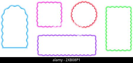 Set of colorful arch, square, circle and rectangle frames with wavy edges. Geometric shapes with wavy borders in blurry neon aura effect isolated on white background. Vector illustration. Stock Vector