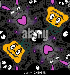 Halloween monsters seamless bunnies and pumpkins and skulls pattern for wrapping paper and fabrics and linens and kids clothes print and autumn party Stock Photo