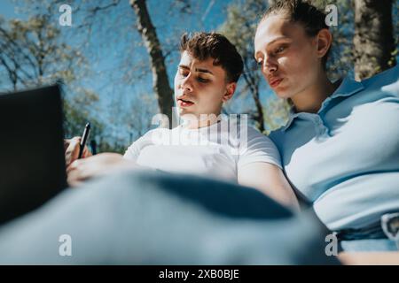 Focused students working on a project outdoors on a sunny day Stock Photo