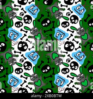 Halloween monsters seamless bunnies and pumpkins and skulls pattern for wrapping paper and fabrics and linens and kids clothes print and autumn party Stock Photo