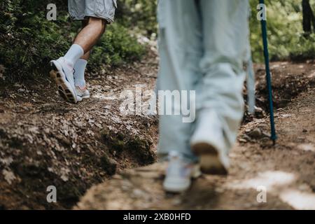 Close-up of hikers walking on a forest trail in daytime Stock Photo