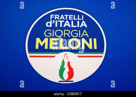 Rome, Italy. 09th June, 2024. Logo of Giorgia Meloni's party Fratelli d'Italia seen in Rome, Italy, on June 9 2024. Fratelli d'Italia emerged as the largest party in Italy at the European elections of 8 and 9 June. (Photo by Elisa Gestri/Sipa USA) Credit: Sipa USA/Alamy Live News Stock Photo