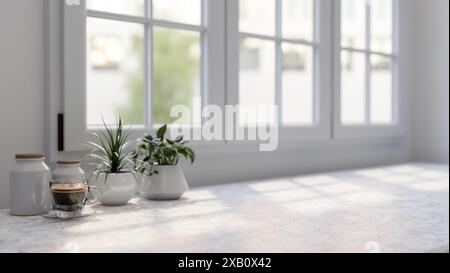 A close-up image of a space for displaying products on a white tabletop features a coffee cup, ceramic jars, and decorative plants by the window. home Stock Photo