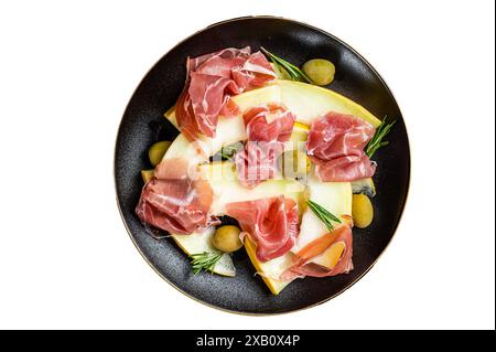 Prosciutto ham and melon salad in a plate. Isolated on white background Stock Photo