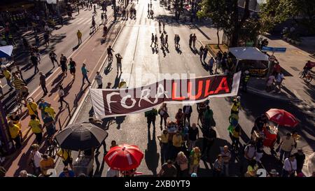 Sao Paulo, Sao Paulo, Brazil. 9th June, 2024. A group of Bolsonarist protesters gathered on Avenida Paulista in Sao Paulo Brazil, this Sunday (09), to call for the impeachment of President Lula (PT) and the Minister of the Federal Supreme Court (STF), Alexandre de Moraes. (Credit Image: © Wagner Vilas/ZUMA Press Wire) EDITORIAL USAGE ONLY! Not for Commercial USAGE! Stock Photo