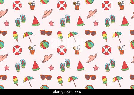 Summer beach seamless pattern. Beach items include sun hats, sunglasses, and beach umbrellas. Stock Vector