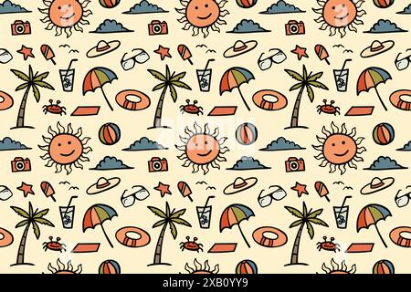 Doodle style summer seamless pattern with smiling sun and various beach accessories such as umbrellas, sunglasses and beach balls Stock Vector