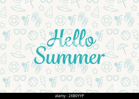 Hello summer seamless pattern with various beach accessories such as umbrellas, sunglasses and balls. The blue and white color scheme in the image giv Stock Vector