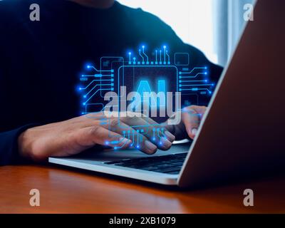 AI generated, futuristic technology. Digital AI chip in businessman hand who work with laptop computer. Innovation tools services and data application Stock Photo