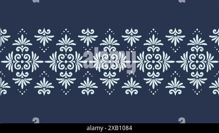 White repeated classic floral drawing ikat stripe on denim blue background. Stock Vector