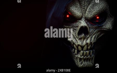 Happy Halloween day concept. Scary skull mask, angel of death with glowing red eyes on dark background with copy space. Spooky skeleton ghost, devil p Stock Photo