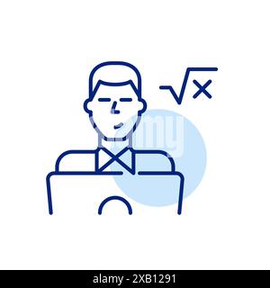Young man at laptop and square root formula. Digital math learning integration. Engineering, computer science student. Pixel perfect, editable stroke Stock Vector