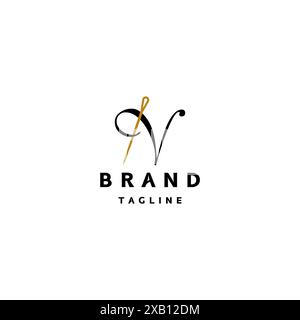 Letter N and Classic Needle Logo Design. Simple Textile Logo Design Of Initial Letter N And Gold Needle Icon. Stock Vector