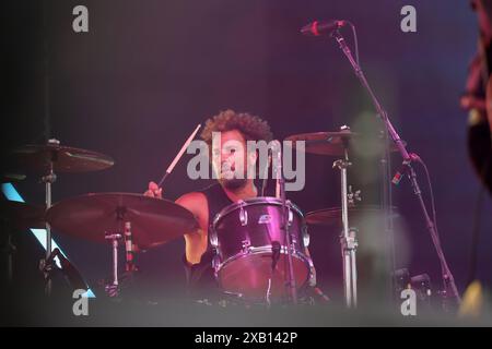 Nuremberg, Germany. 09th June, 2024. Drummer Jon Theodore performs at the open-air festival 'Rock im Park' with the American rock band Queens of the Stone Age/QOTSA on the Utopia Stage. Credit: Daniel Löb/dpa/lob/dpa/Alamy Live News Stock Photo