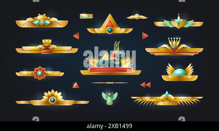 Egypt game. Gold pharaoh frame. UI Egyptian old slots. Emerald and ruby gemstones. Golden texture ornaments with ancient jewel lotus. Anubis treasure Stock Vector