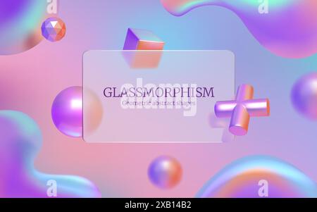 Glass morphism background. 3d abstract shapes, geometric and rectangle transparent effects. Pink purple minimal banner backdrop template, transparent Stock Vector