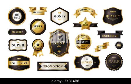 Gold label. Banner ribbon, icon and sticker in luxury 3d best design, exclusive premium sale offer. emblem and badge black and gold metallic colors. Product promotional super discount. Vector signs Stock Vector