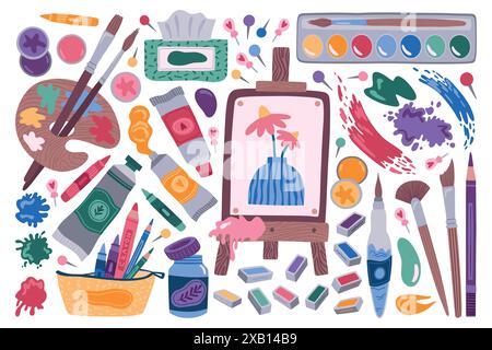 Painter tools. Paint art brush, craft doodle pencil and children draw, cute watercolor class or school stationery. Brushes for artist and acrylic paints vector cartoon flat style isolated illustration Stock Vector