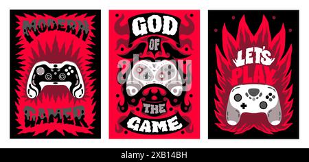 Game boy prints. Video gamer design. Control joystick for T-shirt with slogan and cool gamepad console. Modern cyber play. Red fire flames. Arcade gaming controller. Grunge drawing. Vector banners set Stock Vector