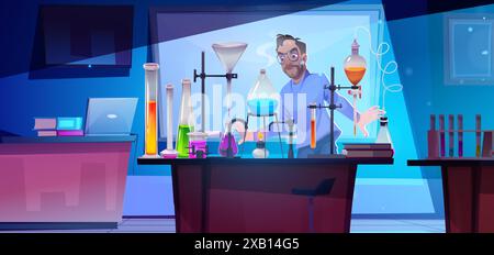 Evil scientist working in laboratory. Vector cartoon illustration of mad scientist making chemical experiment, colorful liquid in glass tubes, flasks and bottles on rack, producing toxic substance Stock Vector